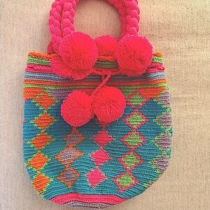 Columbian Wayuu Mochila Bucket Hobo Bag Drawstring in Blue & Pink Multi